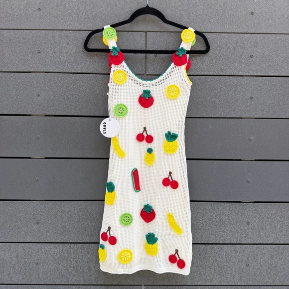STAUD Dresses & Skirts - STAUD White Knit Mini Dress with Red, Yellow & Green Fruit Appliqués